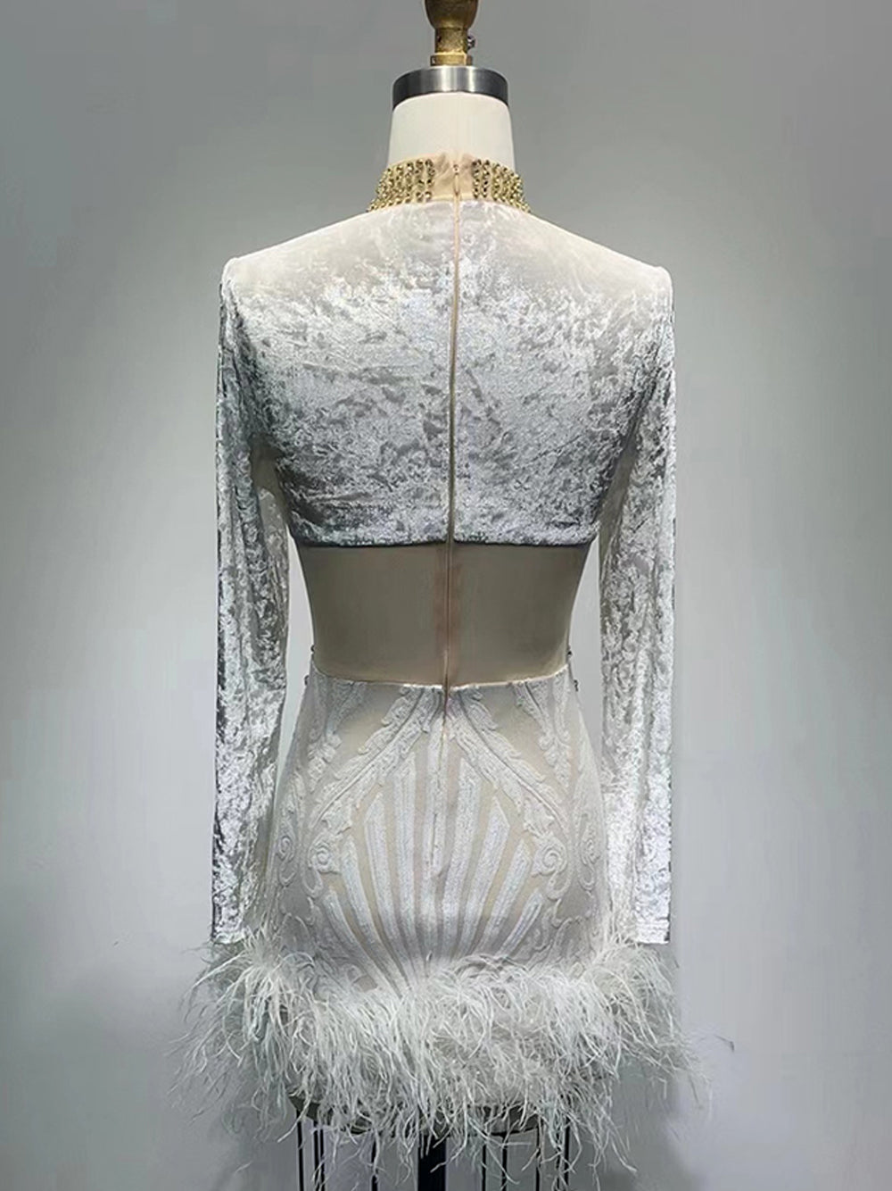 Crystal Embellished Feather-Hem Long-Sleeve Mini Dress 9