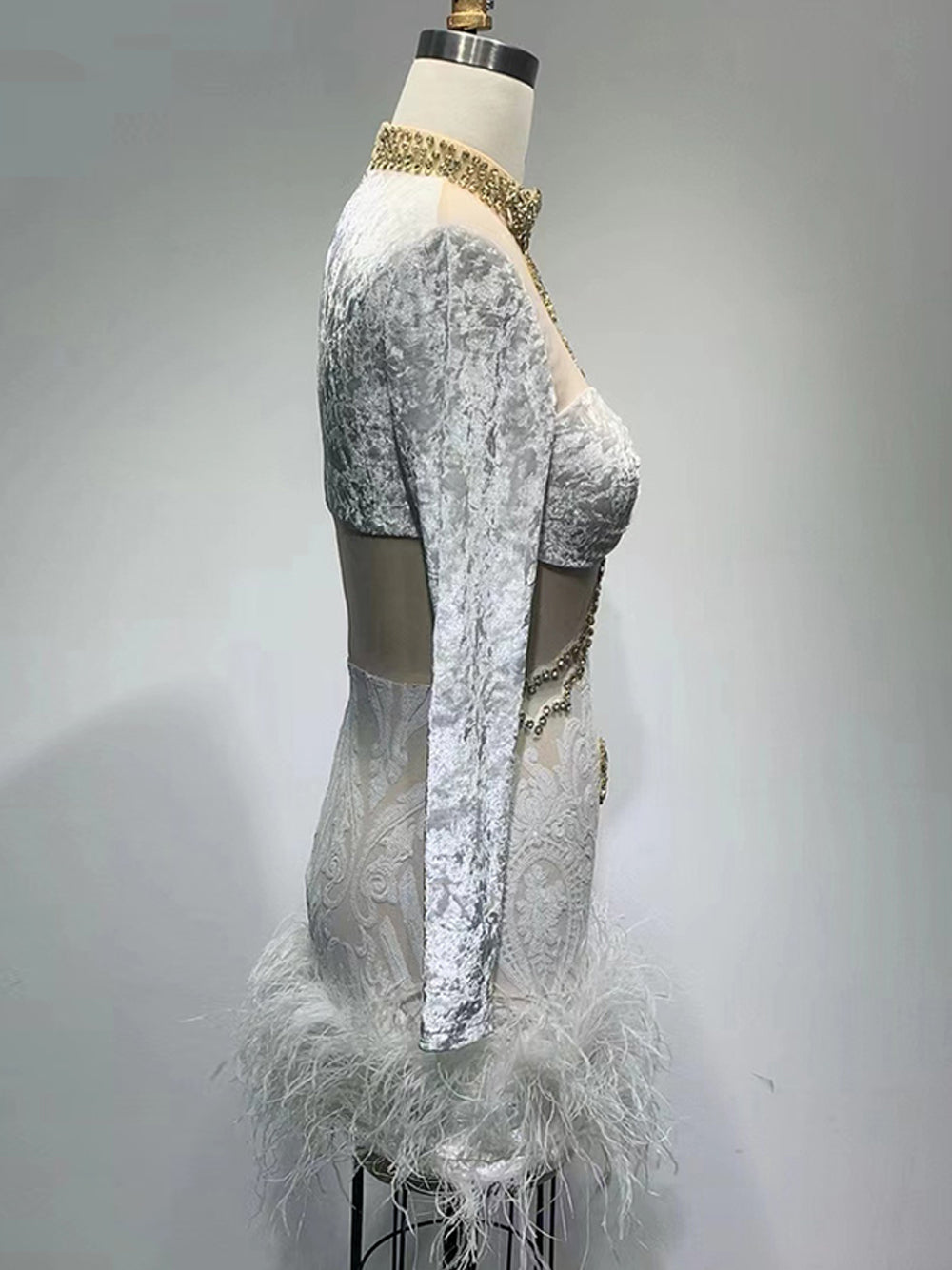 Crystal Embellished Feather-Hem Long-Sleeve Mini Dress 10