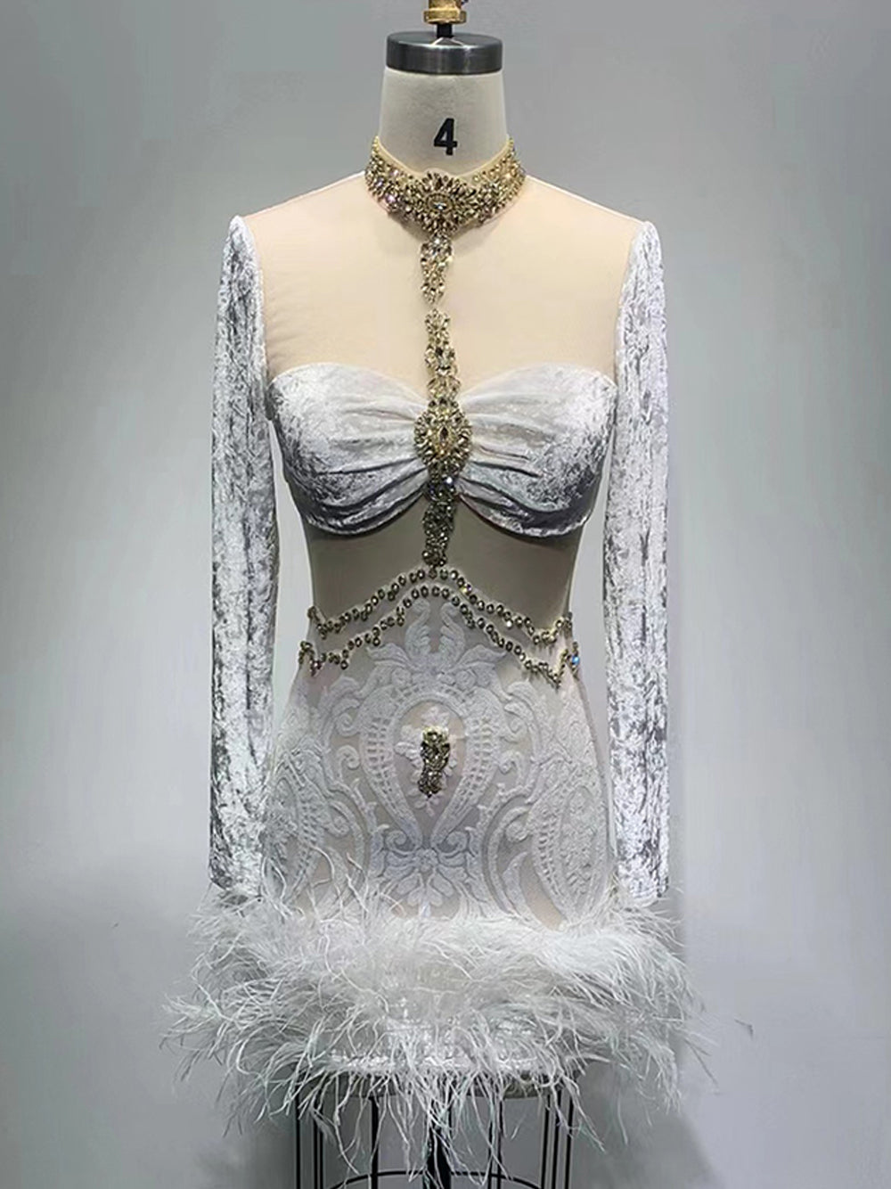 Crystal Embellished Feather-Hem Long-Sleeve Mini Dress 8