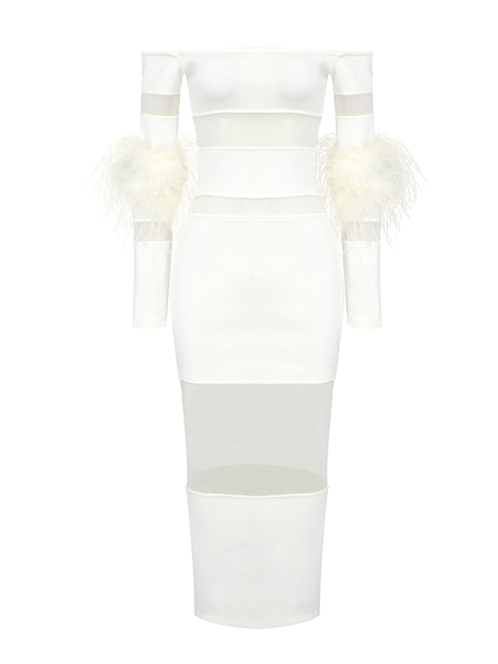 Off Shoulder Long Sleeve Feather Cuff Mesh Panel Midi Dress 5