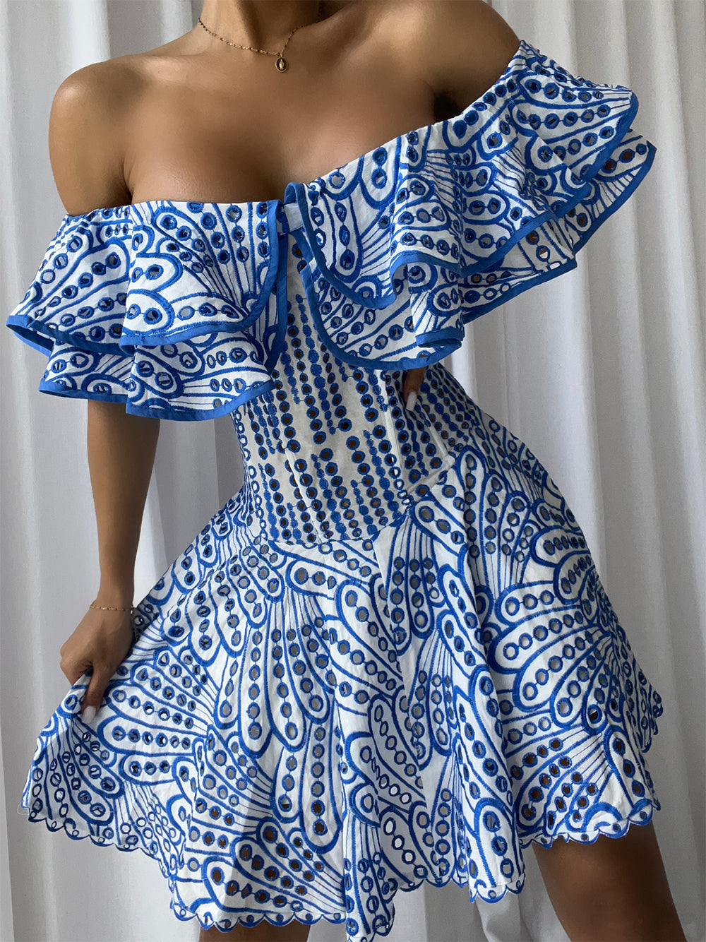 Broderie Anglaise Off-Shoulder Ruffle Mini Dress 3