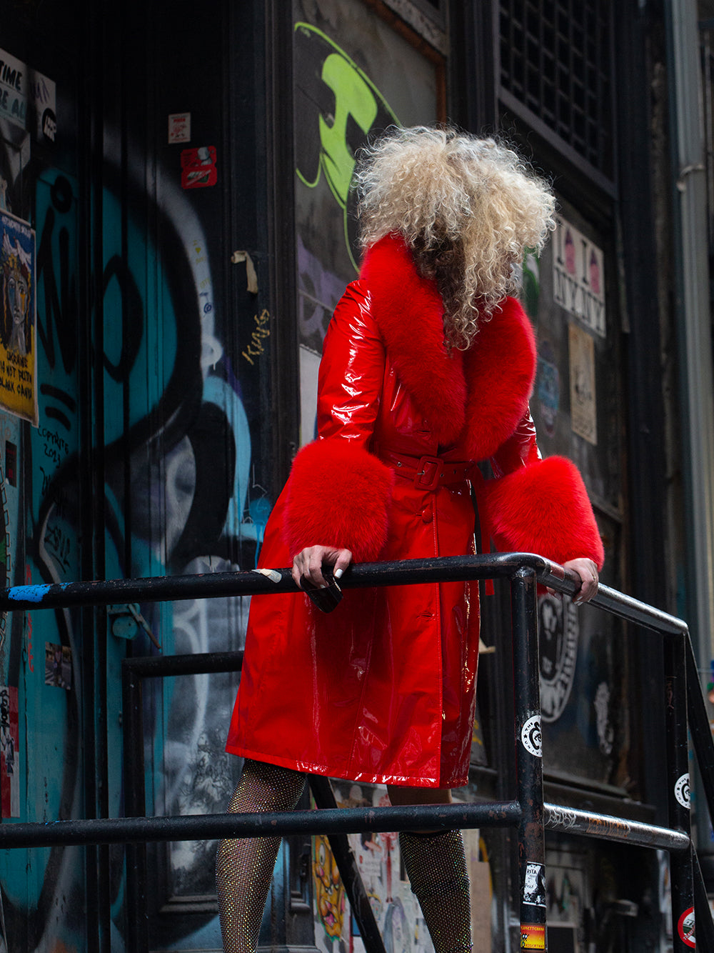Patent Leather Coat w/ Fox Fur In Red 16
