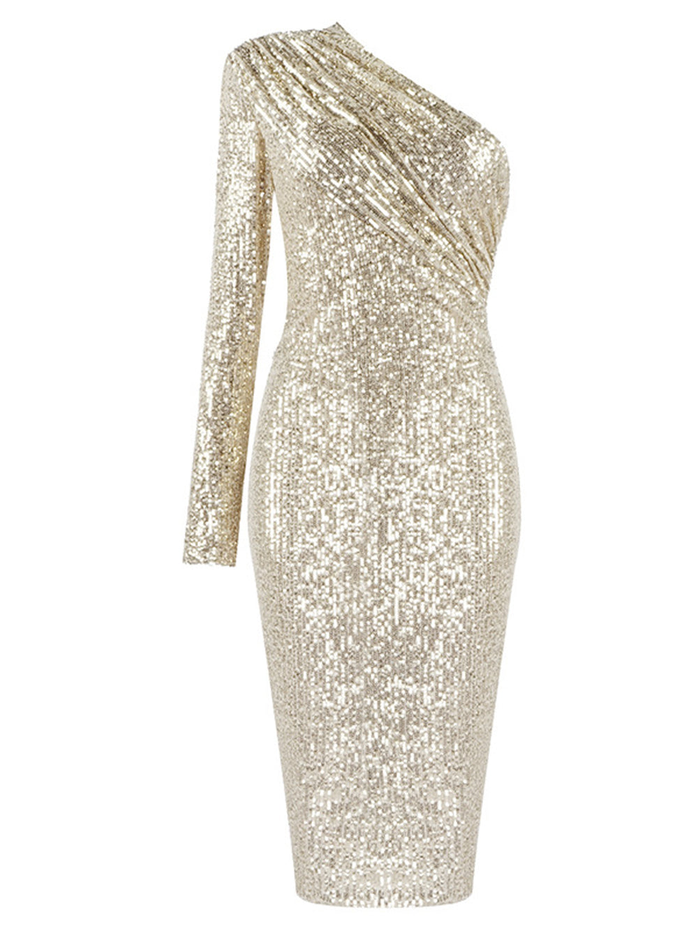 Sequin One Shoulder Long Sleeve Ruched Bodycon Midi Dress - View 5