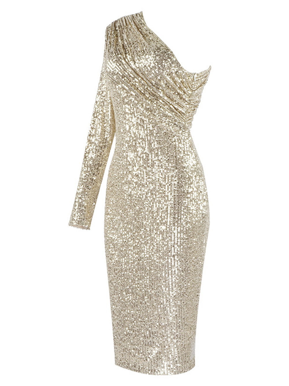 Sequin One Shoulder Long Sleeve Ruched Bodycon Midi Dress - View 7