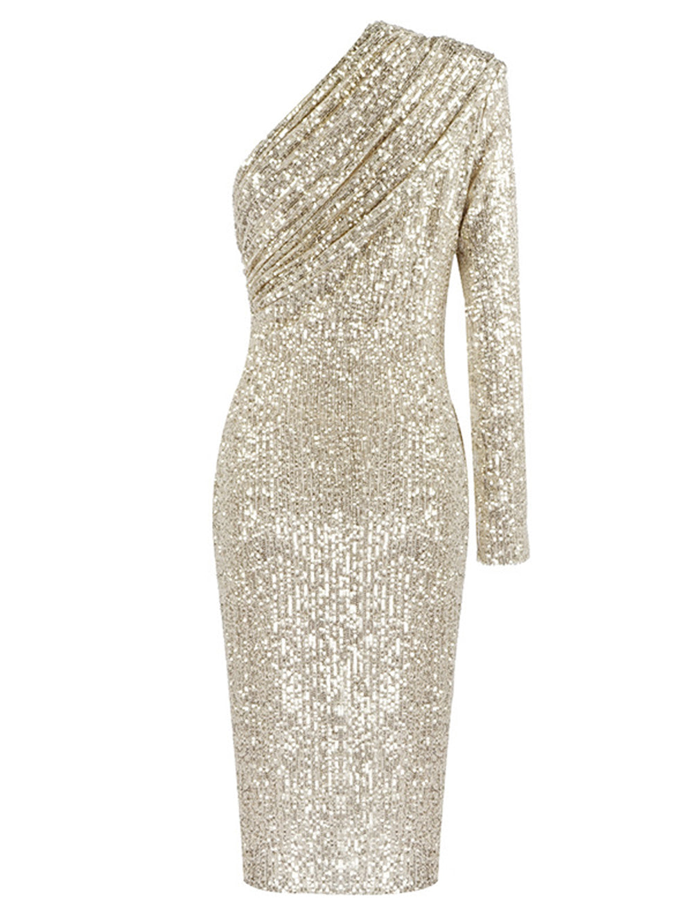 Sequin One Shoulder Long Sleeve Ruched Bodycon Midi Dress - View 6