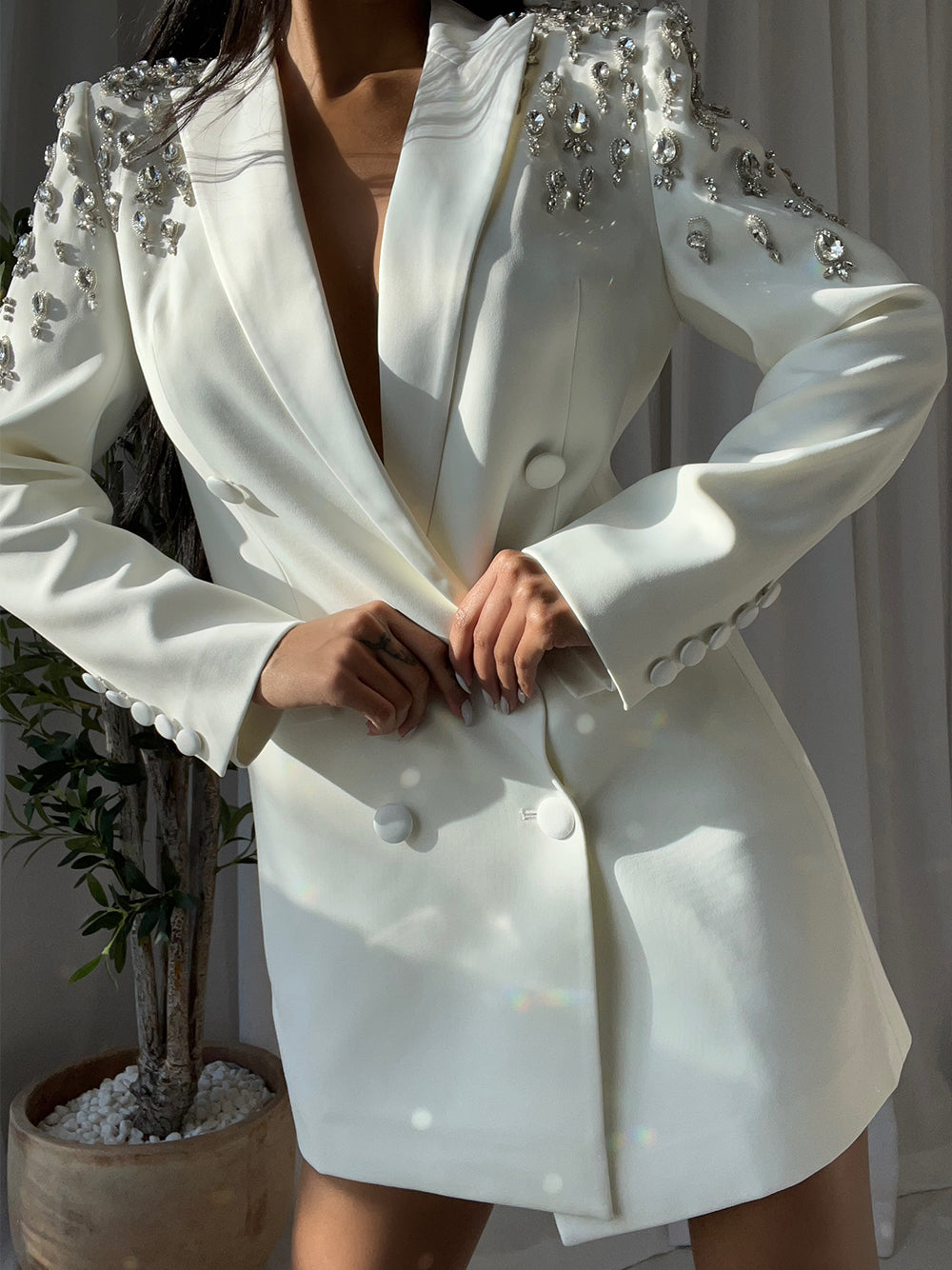 MESSA Beaded Cady Mini Blazer Dress in White 2