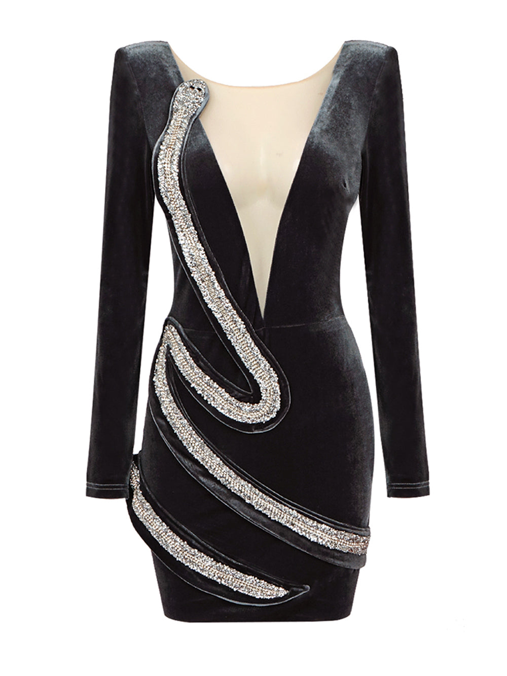 Velvet Deep-V Long-Sleeve Rhinestone Bodycon Mini Dress 16