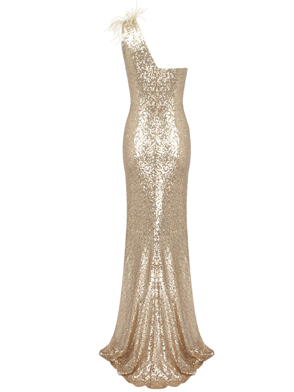 Sequin One Shoulder Feather Trim Cut Out High Split Maxi Gown - View 2