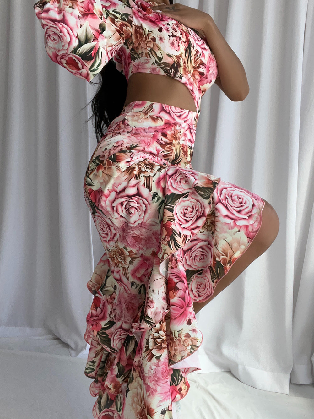 Floral Print One-Shoulder Cutout Ruffle Maxi Dress 4