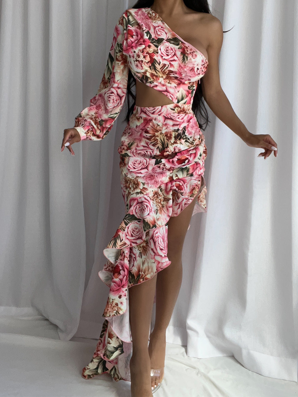 Floral Print One-Shoulder Cutout Ruffle Maxi Dress 3