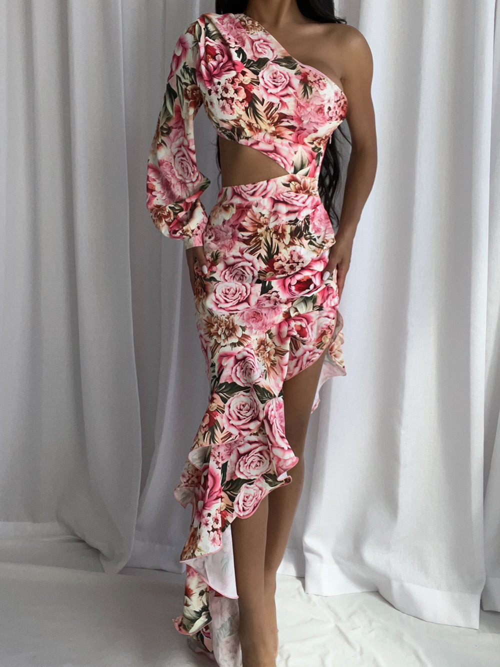 Floral Print One-Shoulder Cutout Ruffle Maxi Dress 2