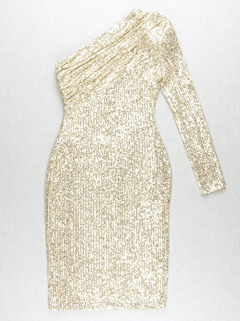 Sequin One Shoulder Long Sleeve Ruched Bodycon Midi Dress - View 12