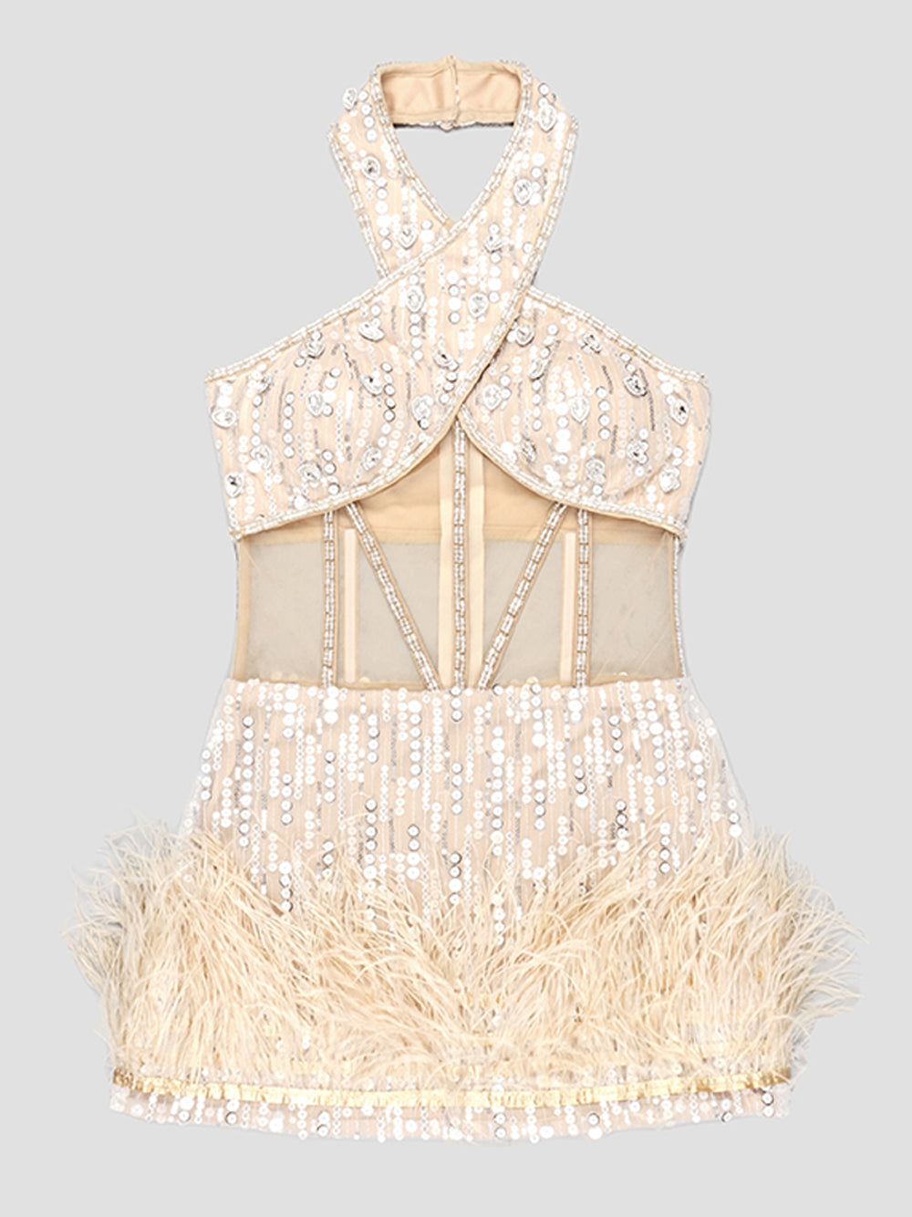 Sequin Rhinestone Halter Cross Strap Corset Mesh Mini Dress - View 5