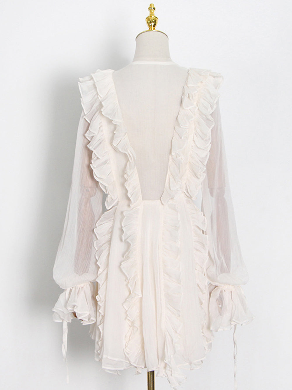 Sheer Ruffle V-Neck Long Sleeve Tie-Front Mini Dress 2