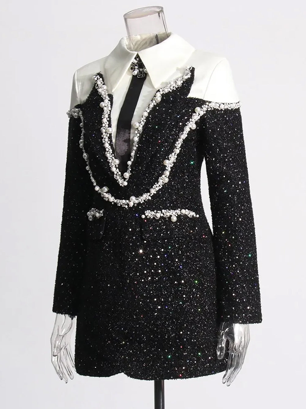 Sequin Pearl-Embellished Collared Long-Sleeve Bodycon Mini Dress 8