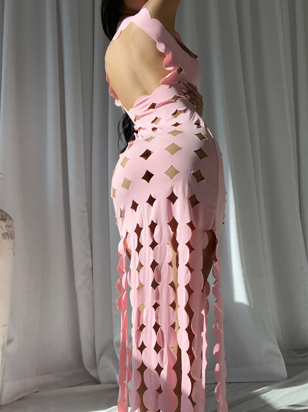 Scalloped Laser-Cut Cutout Fringe-Hem Maxi Dress 2