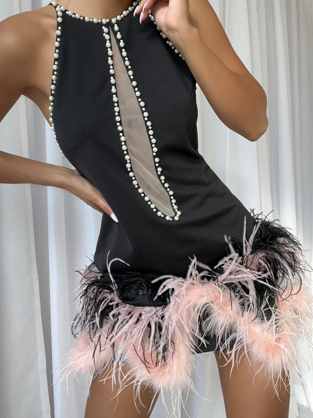 Pearl Trim Halter Neck Mesh Cut Out Feather Fringe Bodycon Mini Dress