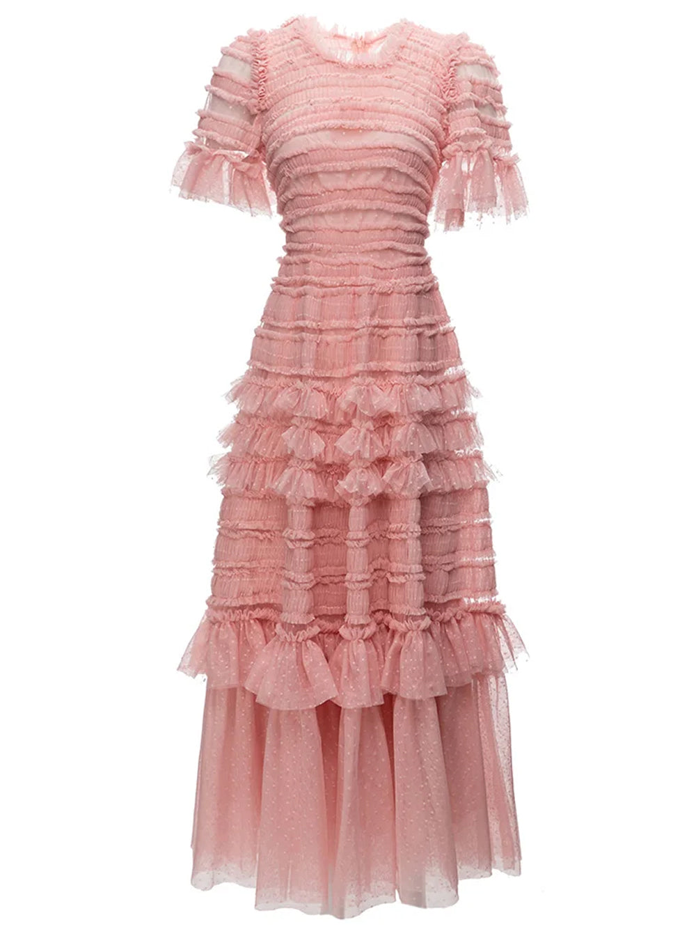 Swiss Dot Tulle Flutter Sleeve Tiered Ruffle Maxi Dress