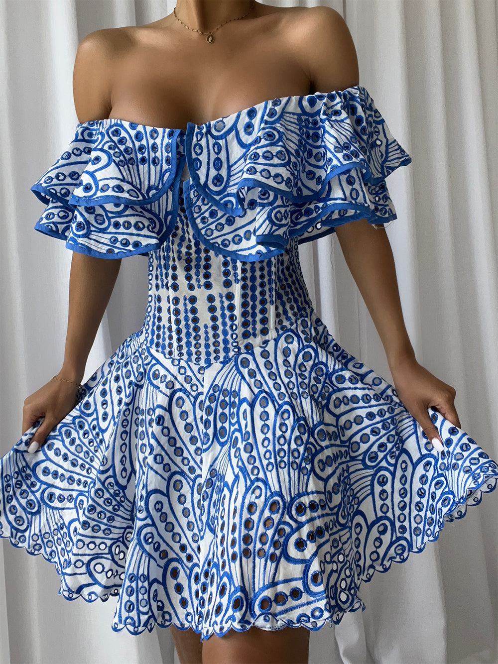 Broderie Anglaise Off-Shoulder Ruffle Mini Dress 4