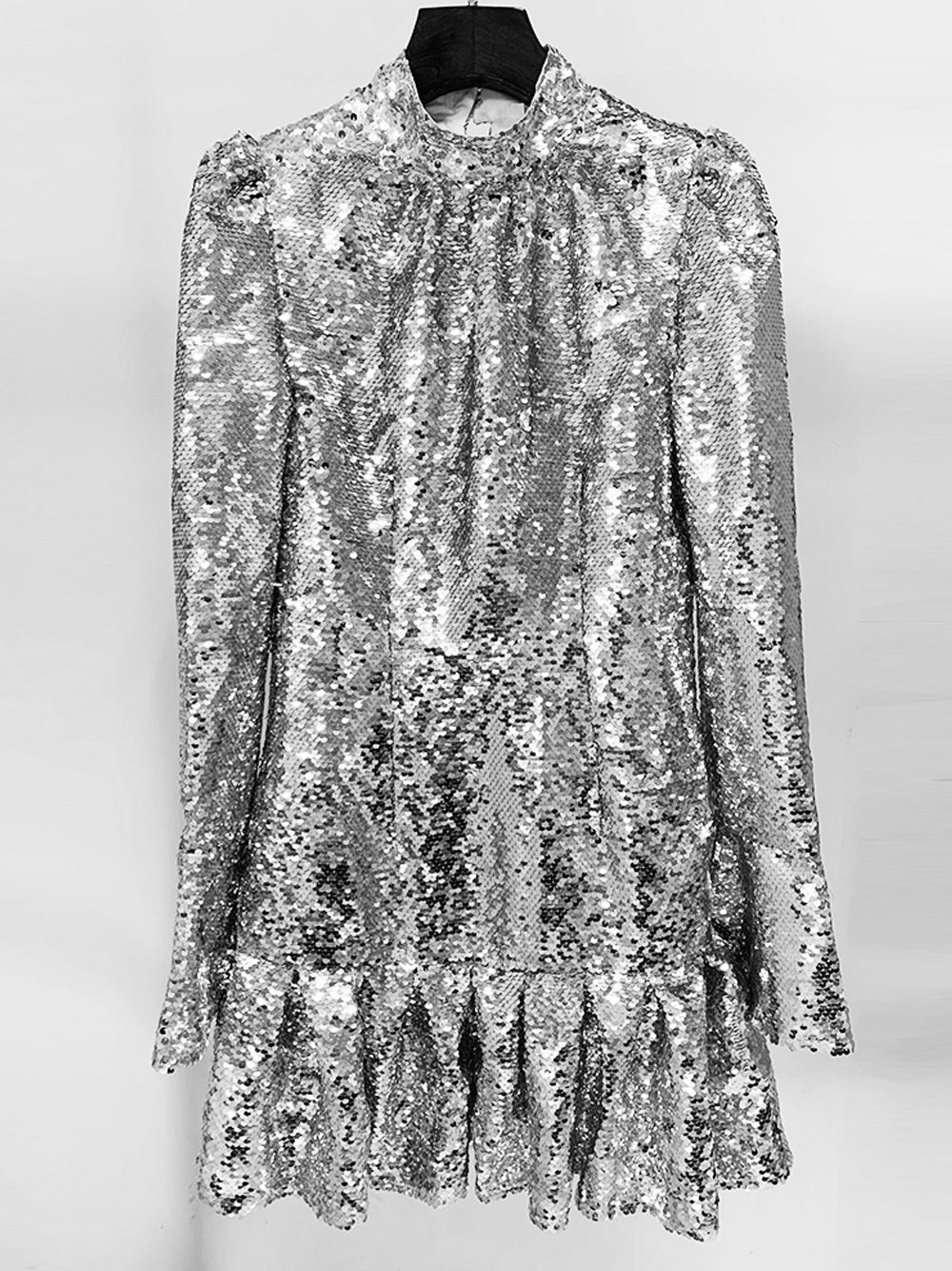 Sequin High Neck Long Sleeve Ruffle Hem Mini Party Dress - View 9