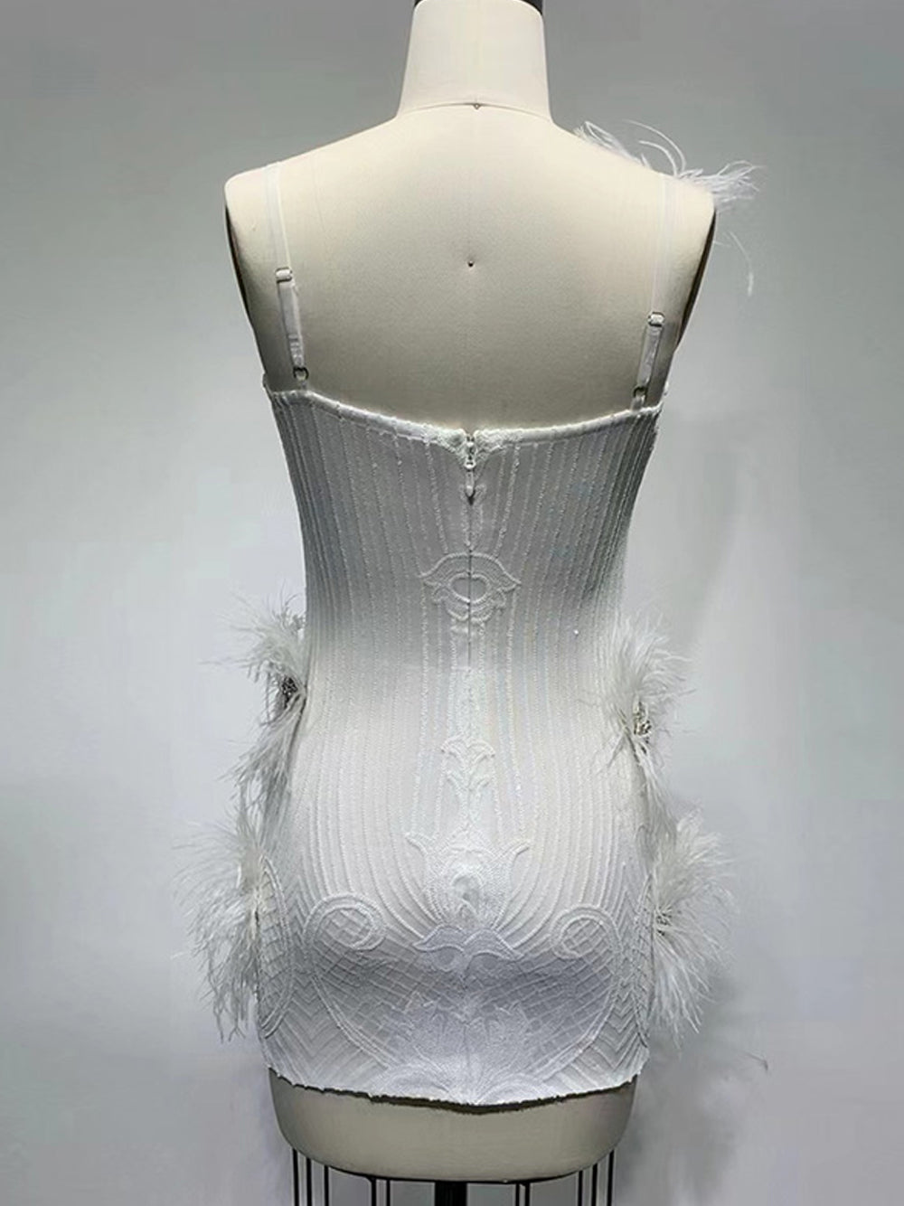 Sequin Deep V-Neck Feather Trim Bodycon Mini Dress - View 13