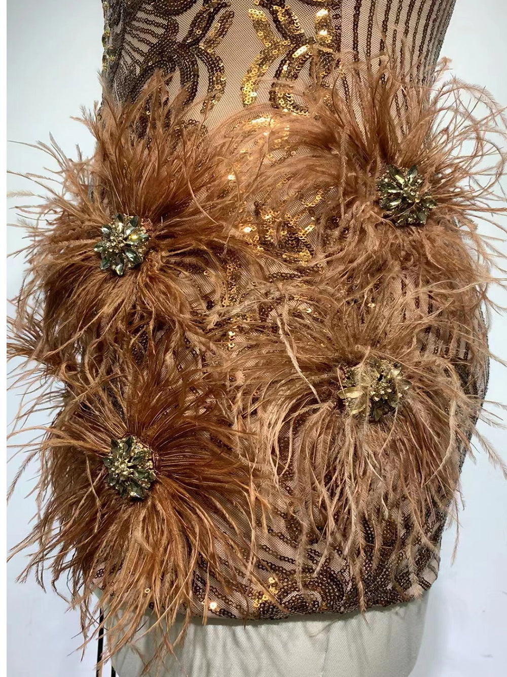 Sequin Deep V-Neck Feather Trim Bodycon Mini Dress - View 16