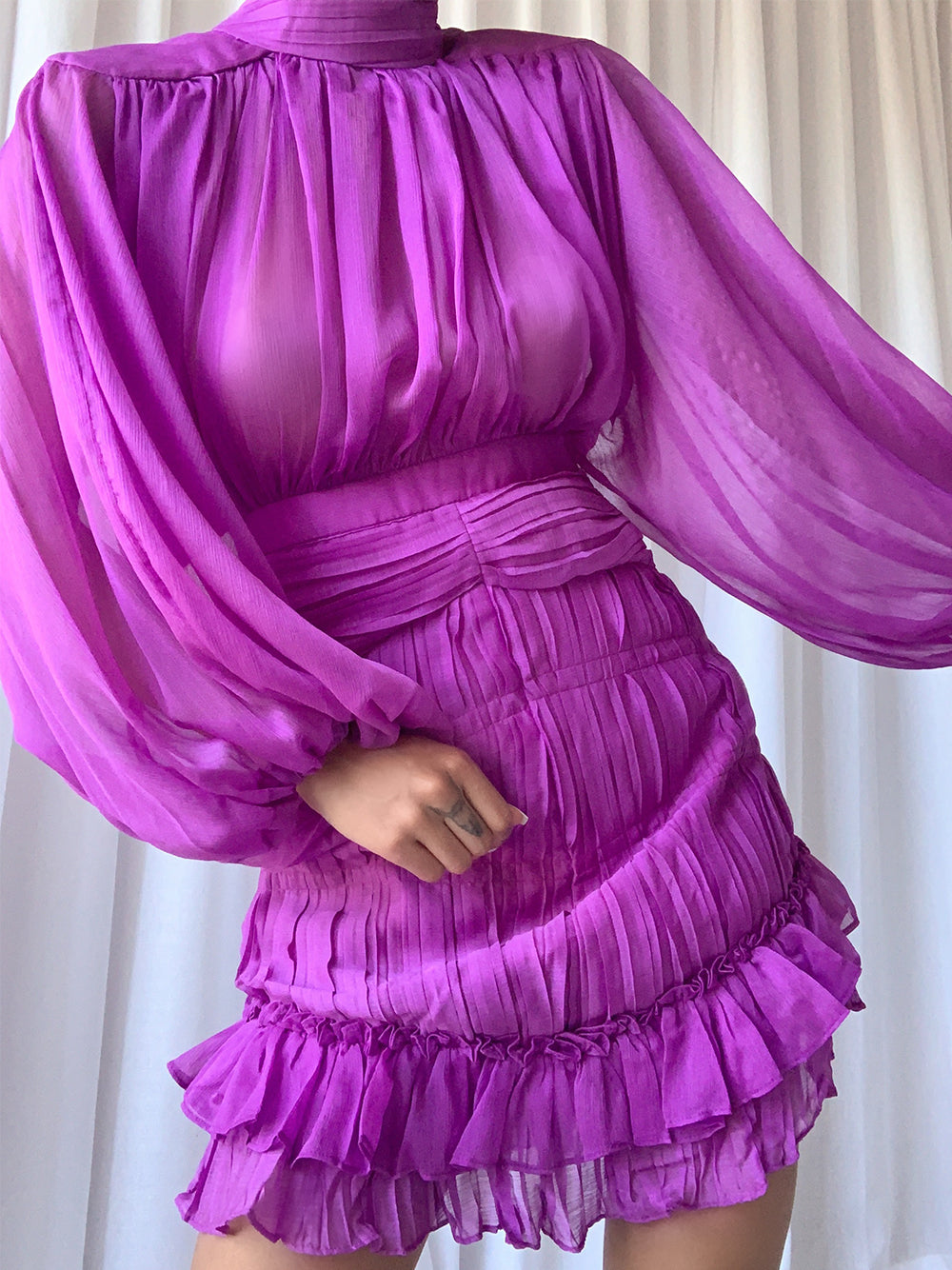 Sheer Chiffon Mock Neck Balloon Sleeve Ruffle Hem Mini Dress 5
