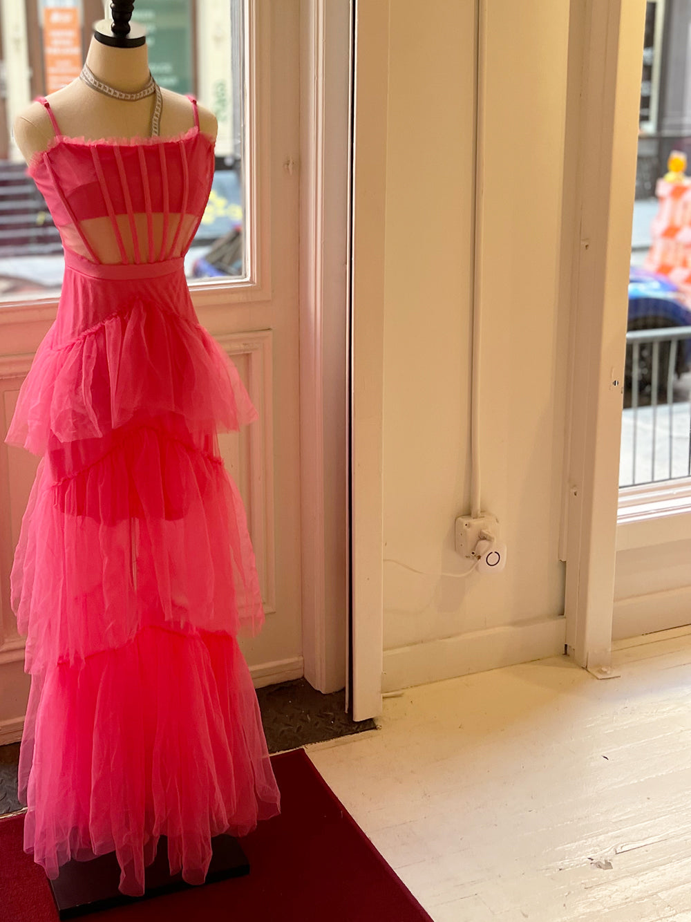 Spaghetti Strap Square Neck Corset Tiered Ruffle Tulle Maxi Gown - View 8