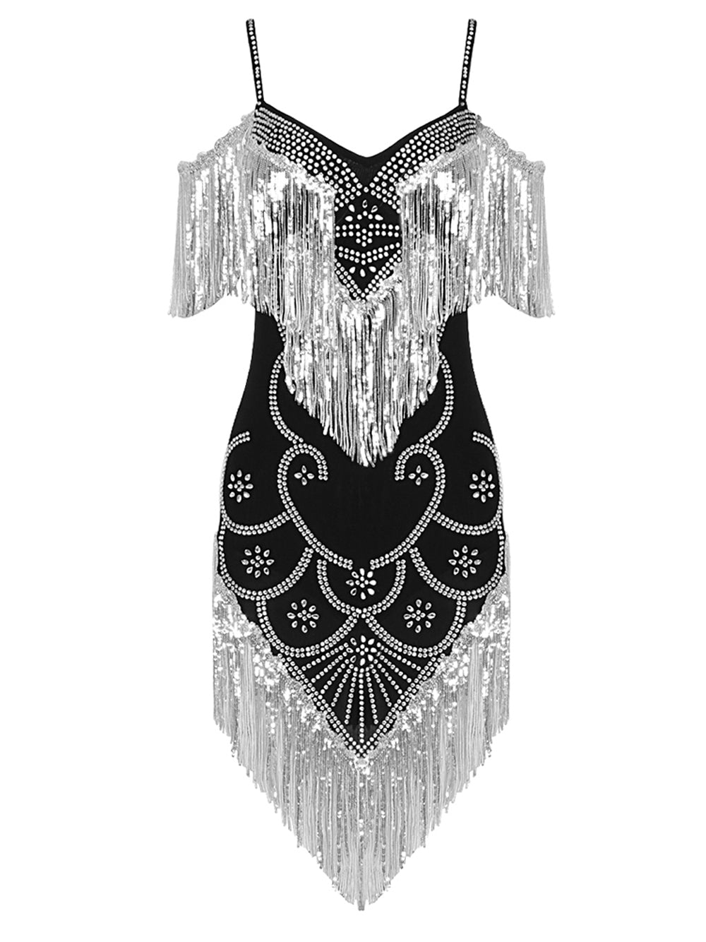 Sequin Fringe Cold-Shoulder Embellished Bodycon Mini Dress