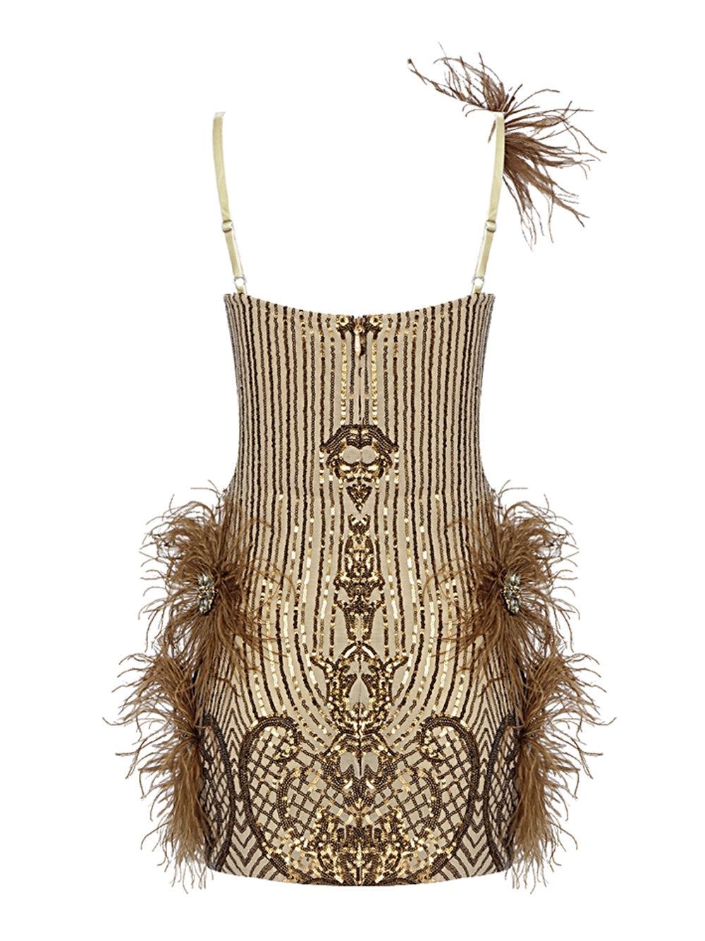 Sequin Deep V-Neck Feather Trim Bodycon Mini Dress - View 2