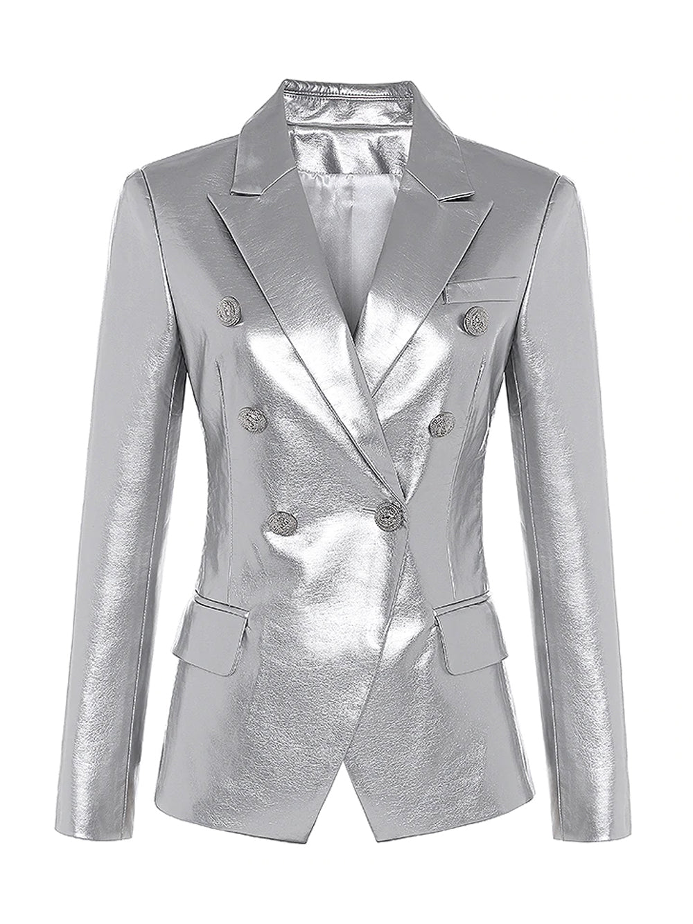 Silver Double-breasted Leather Blazer 9