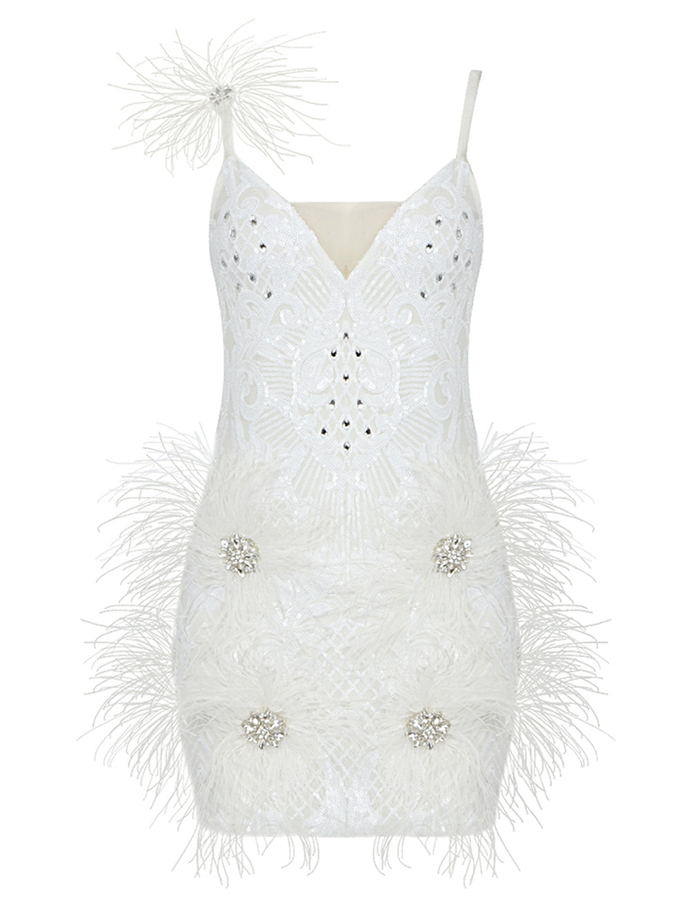 Sequin Deep V-Neck Feather Trim Bodycon Mini Dress - View 3