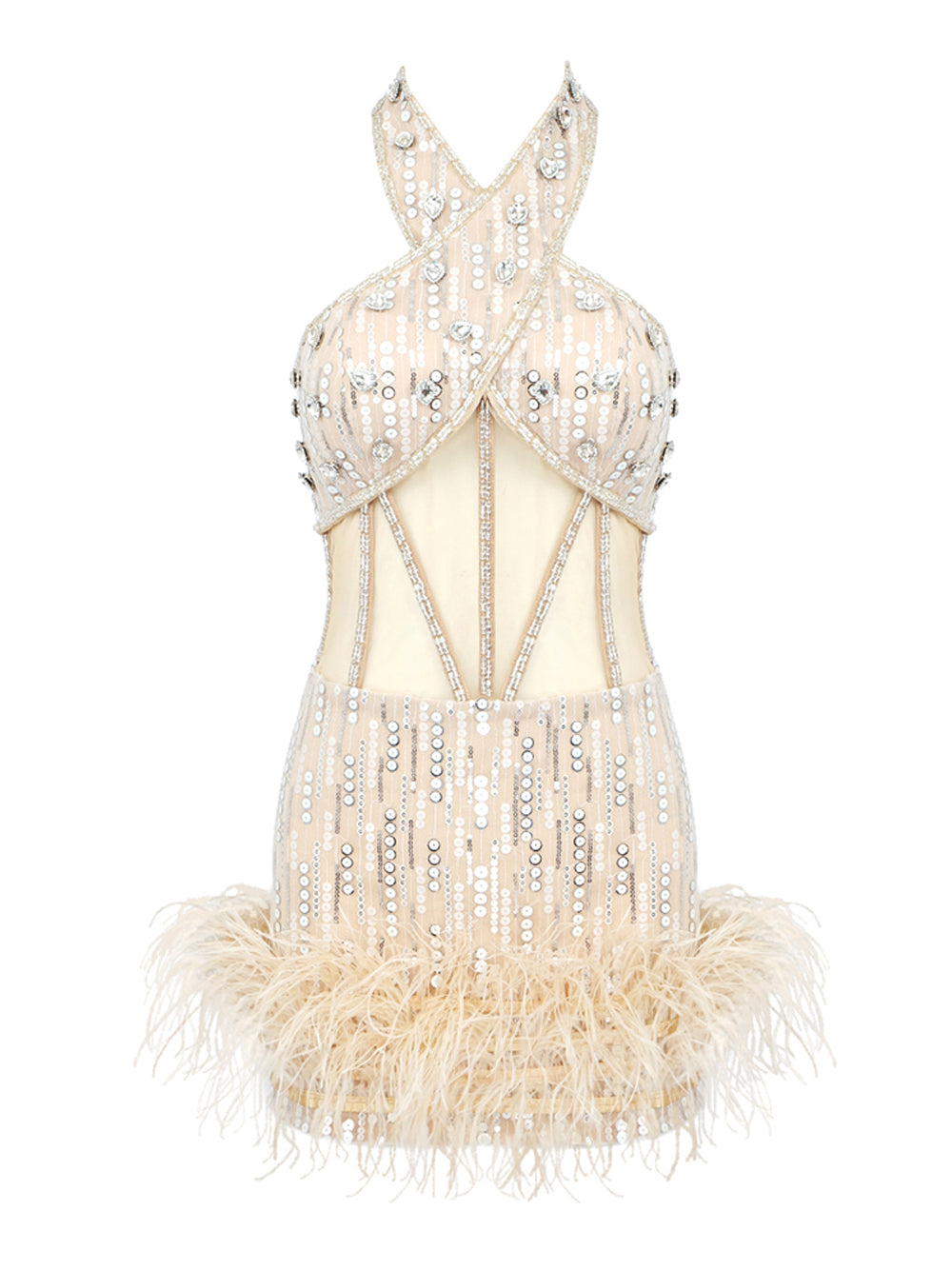 Sequin Rhinestone Halter Cross Strap Corset Mesh Mini Dress