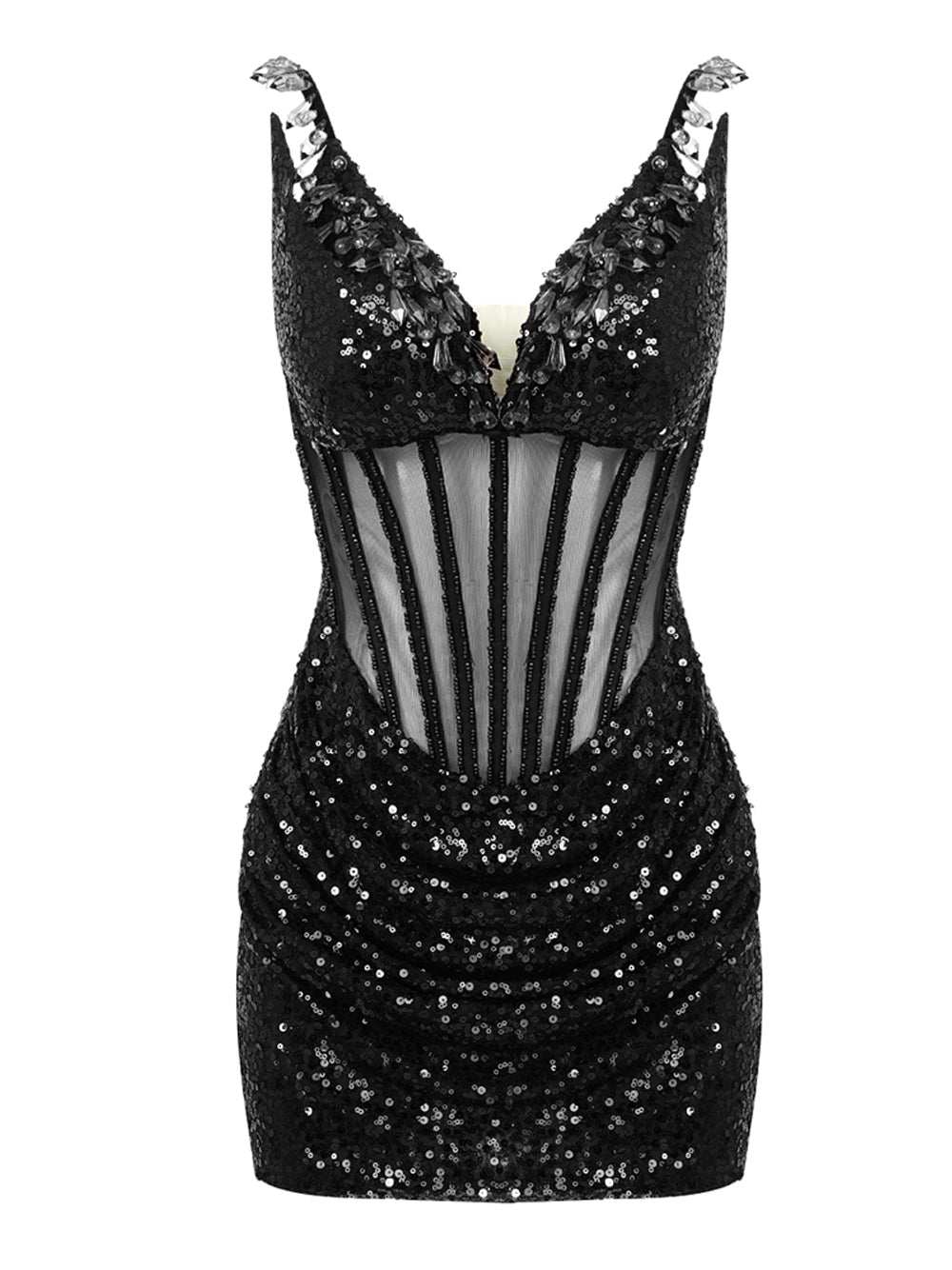 Sequin Deep V-Neck Sheer Corset Bodycon Mini Dress