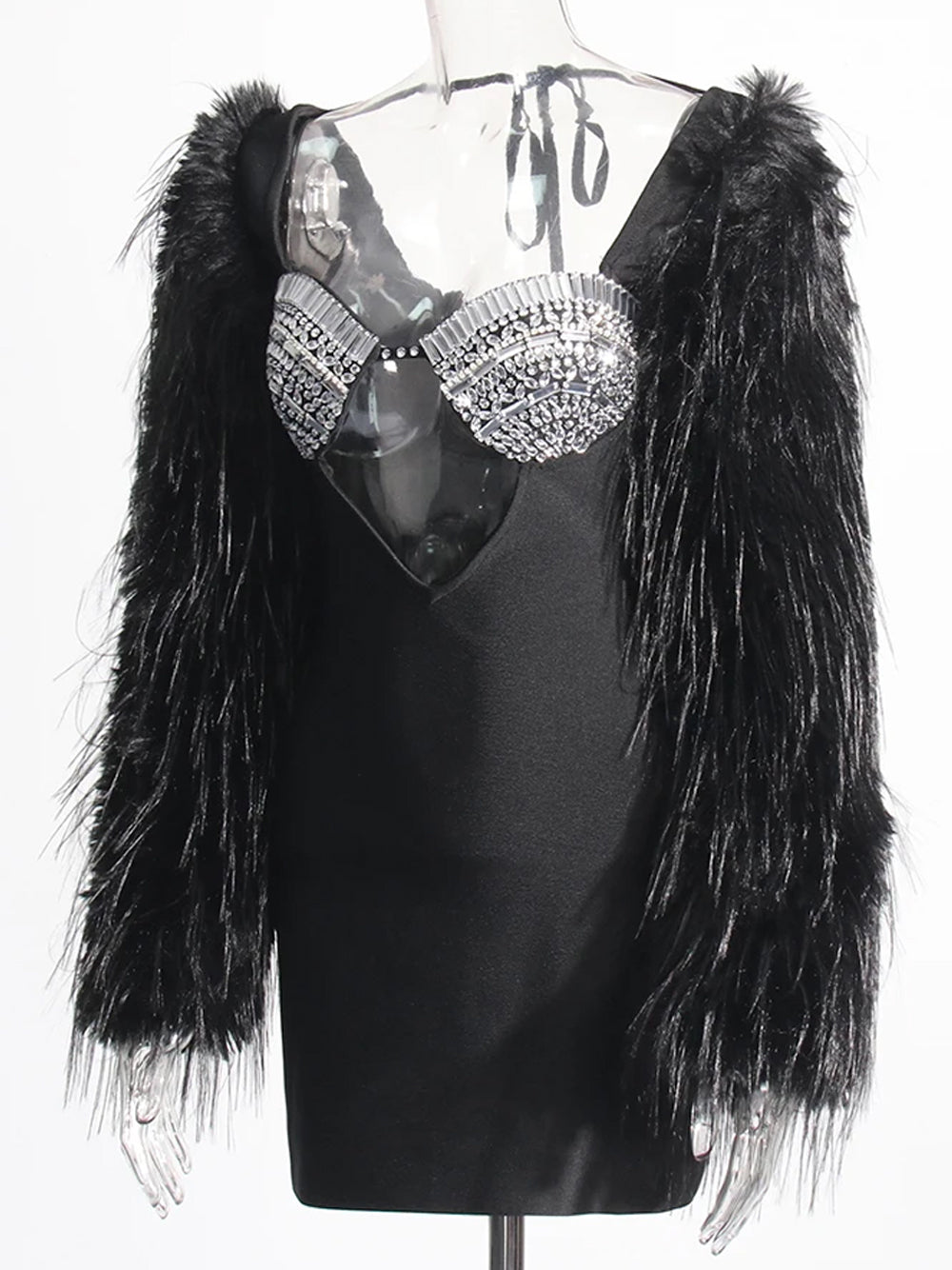 Faux Fur Sleeve Crystal Cup Bodycon Mini Dress 3