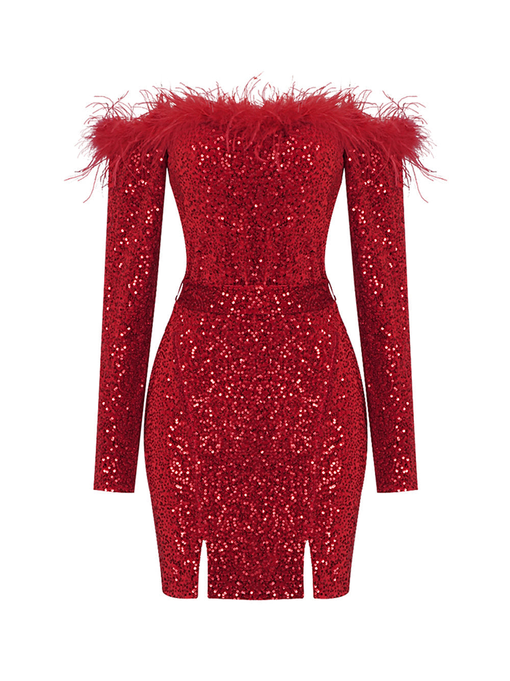 Sequin Off Shoulder Feather Trim Long Sleeve Bodycon Mini Dress