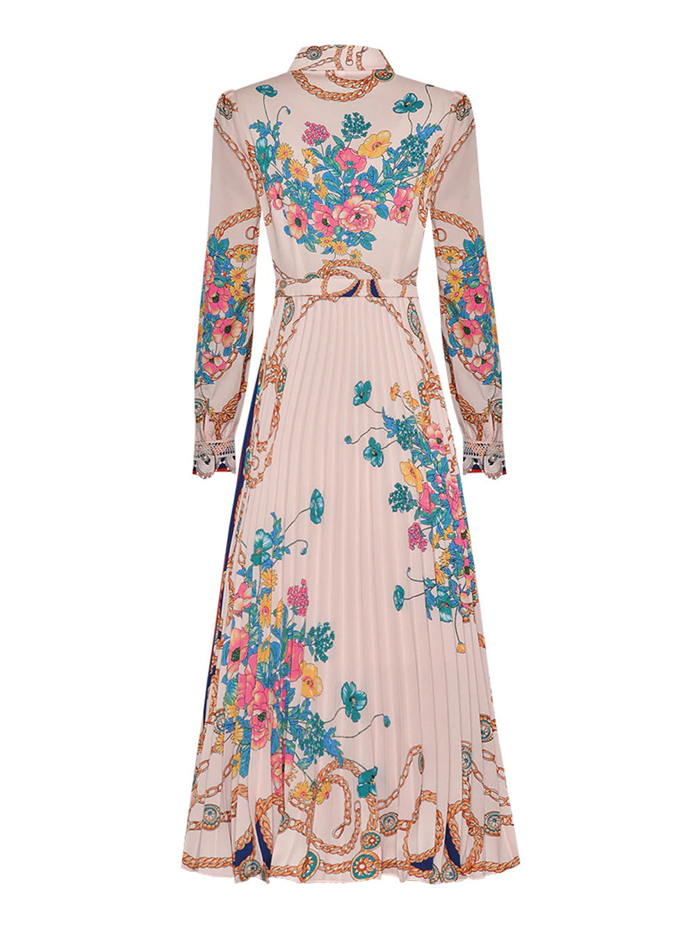 Floral Chain Print Pussy-Bow Collar Long Sleeve Pleated Midi Dress 10