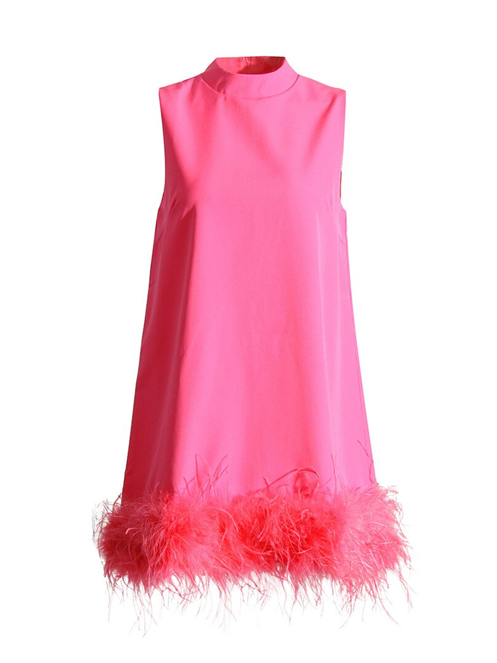 Mock Neck Sleeveless Feather Trim Hem Shift Mini Dress