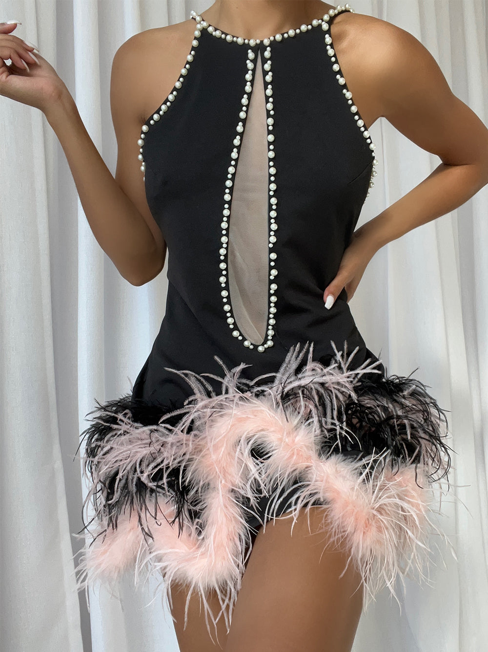 Pearl-Embellished Halter Keyhole Feather-Hem Mini Dress 4
