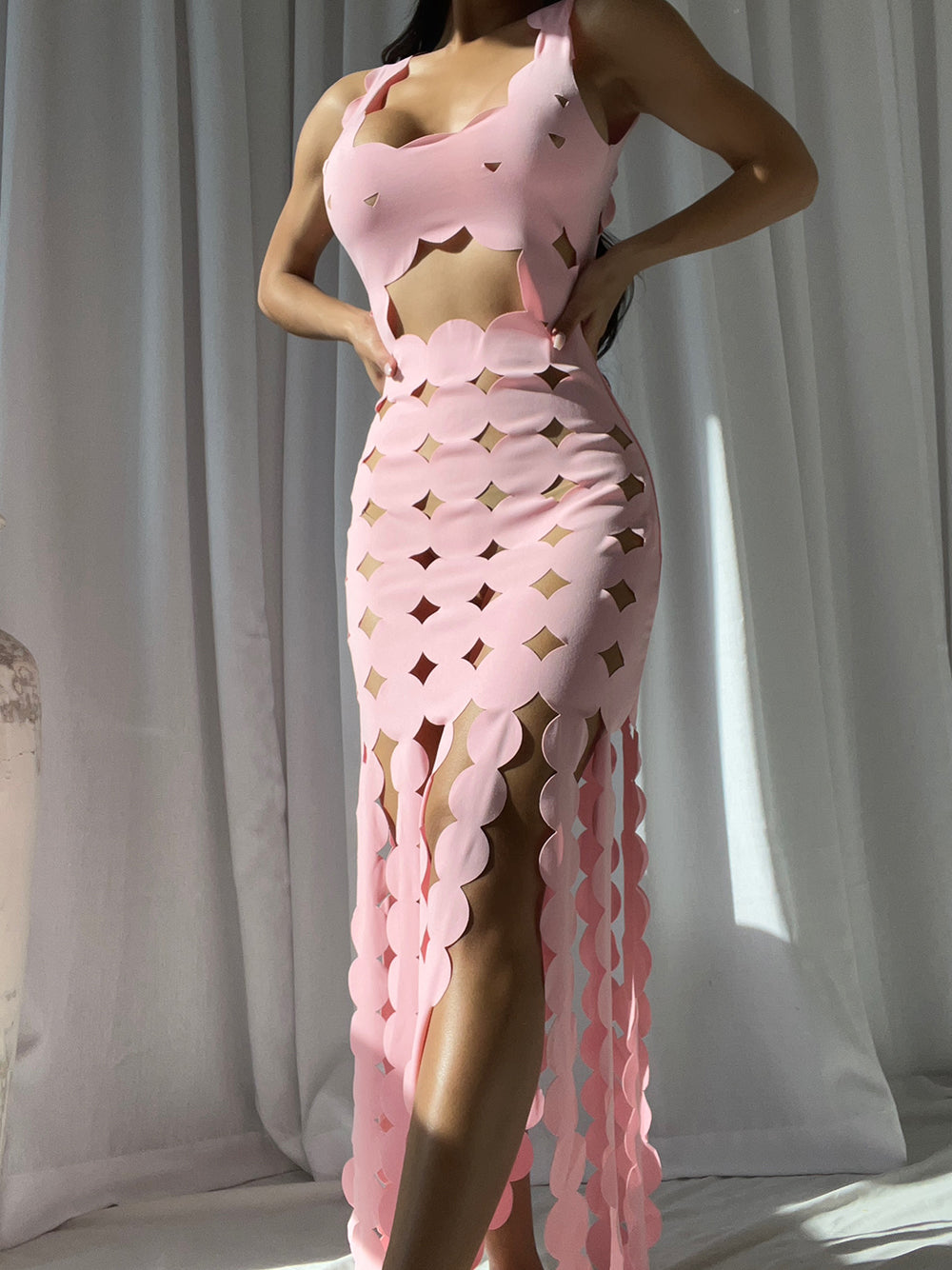 Scalloped Laser-Cut Cutout Fringe-Hem Maxi Dress