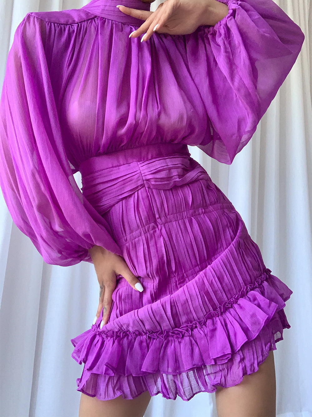 Sheer Chiffon Mock Neck Balloon Sleeve Ruffle Hem Mini Dress 3