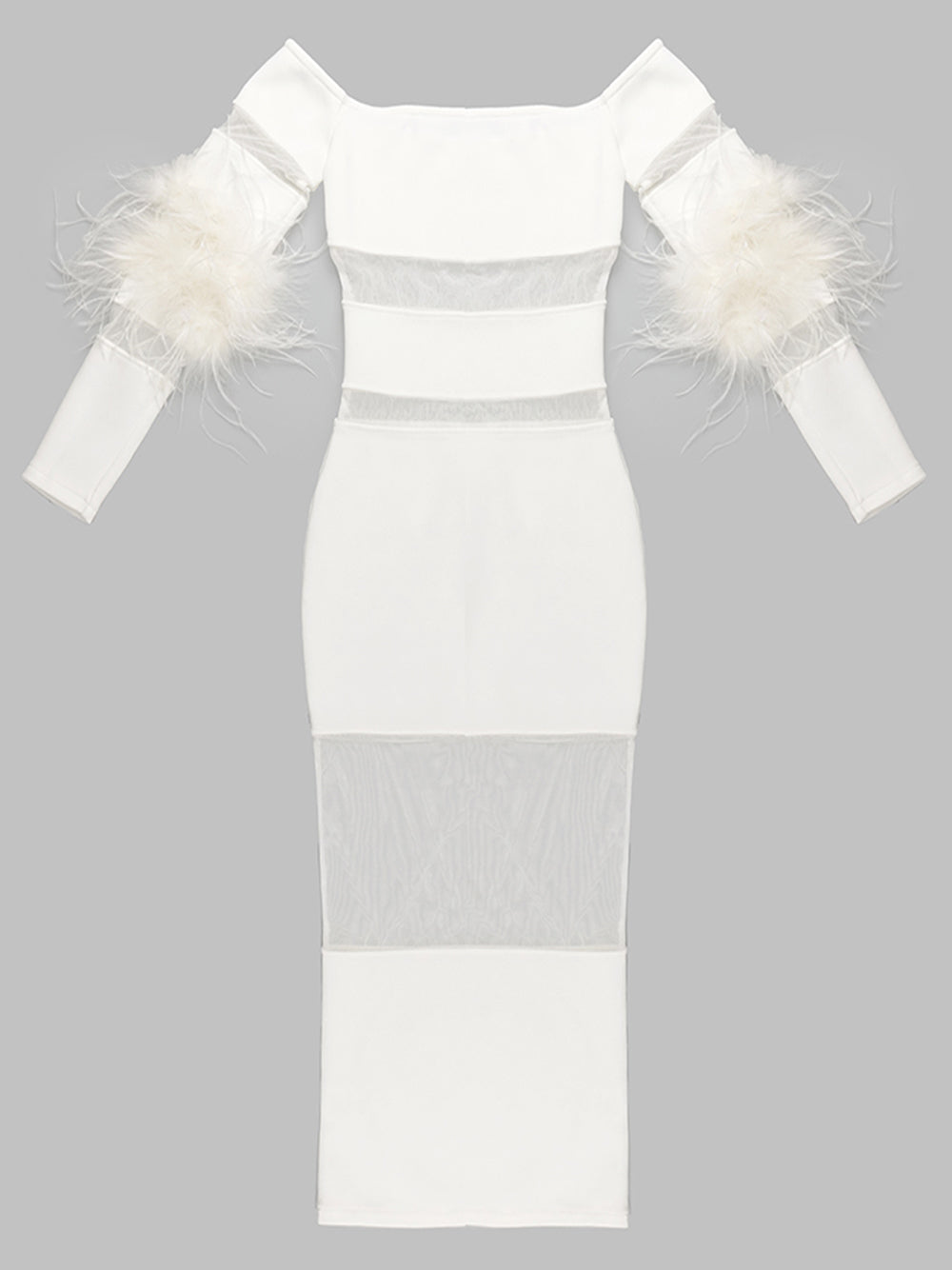 Off Shoulder Long Sleeve Feather Cuff Mesh Panel Midi Dress 8