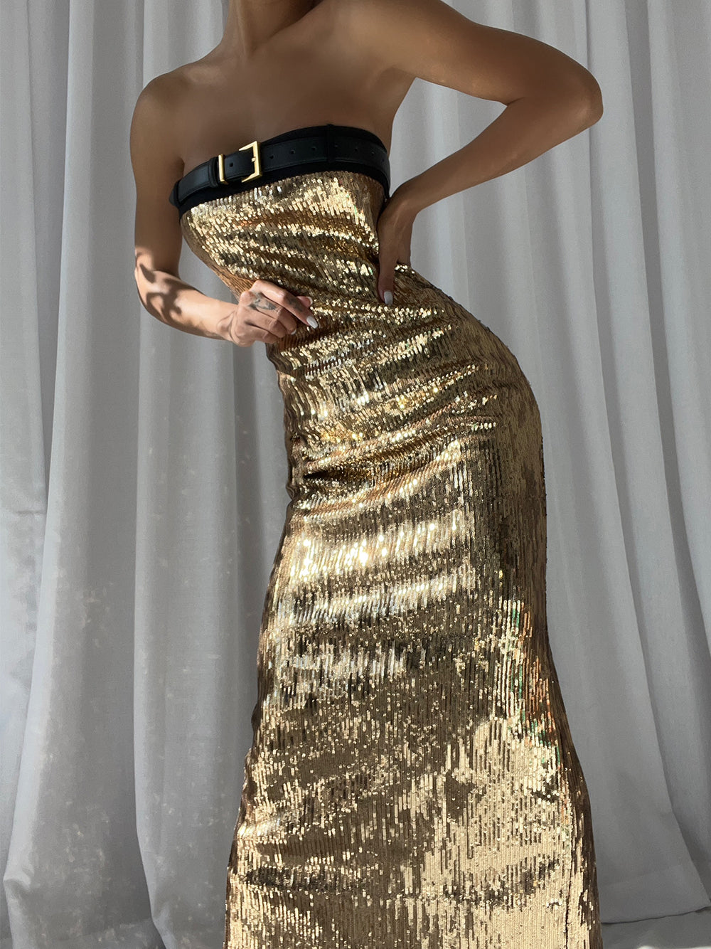 Sequined Strapless Belted Ruched Bodycon Dress 2