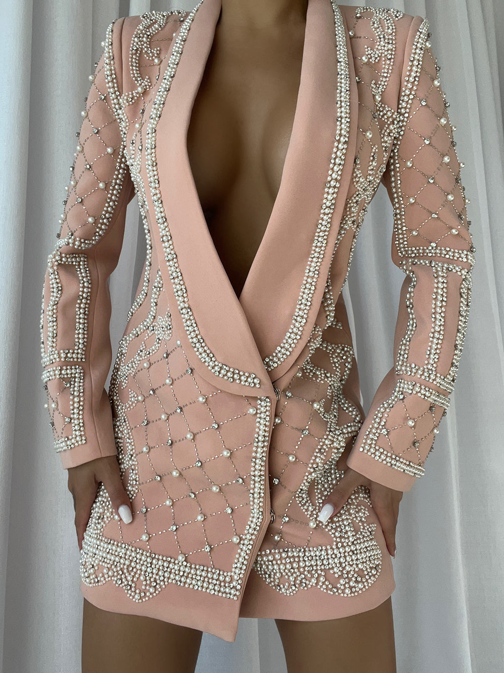 Pearl Rhinestone Beaded Deep V-Neck Long Sleeve Blazer Mini Dress