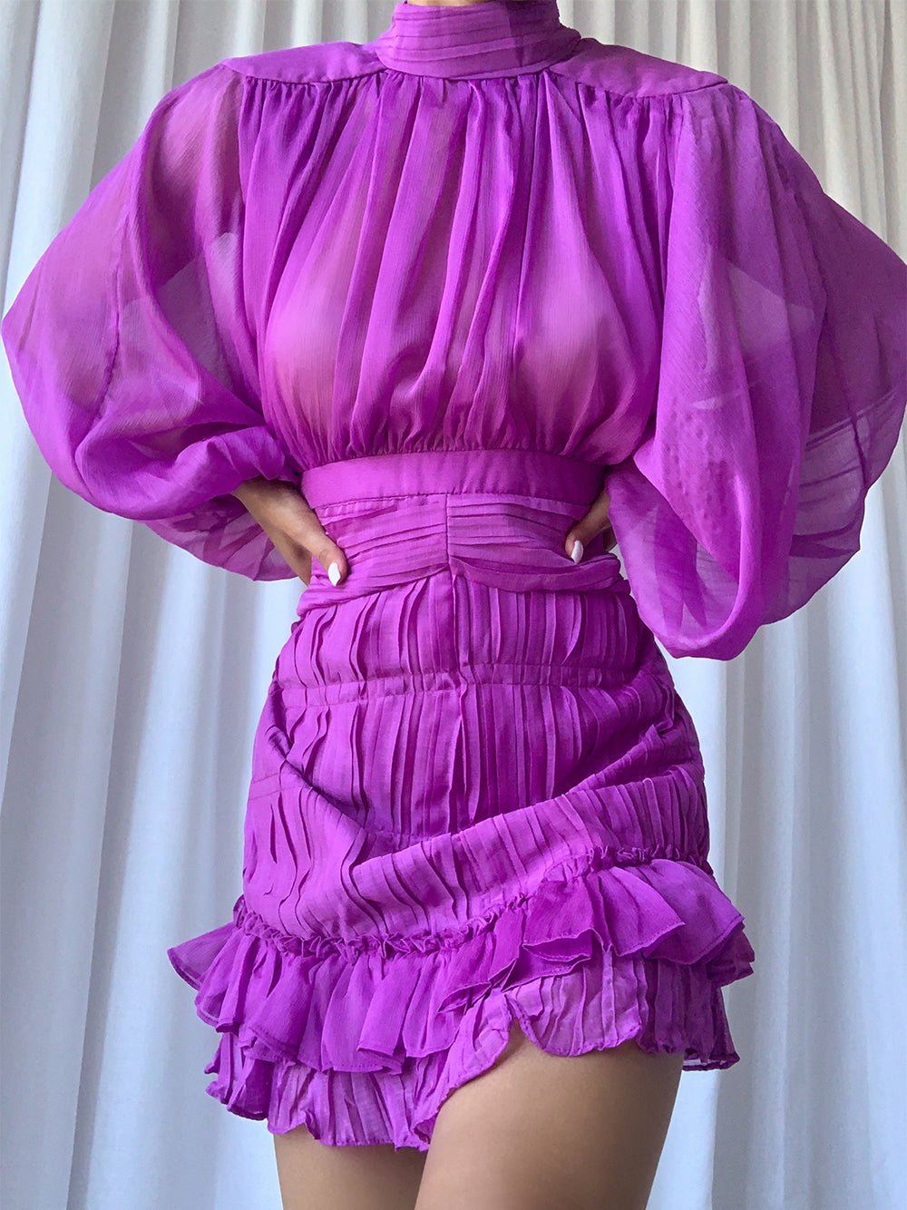 Sheer Chiffon Mock Neck Balloon Sleeve Ruffle Hem Mini Dress 4