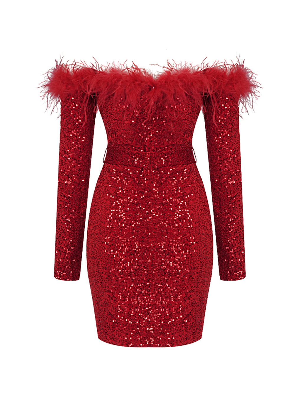 Sequin Off-Shoulder Feather Trim Long Sleeve Mini Dress 2