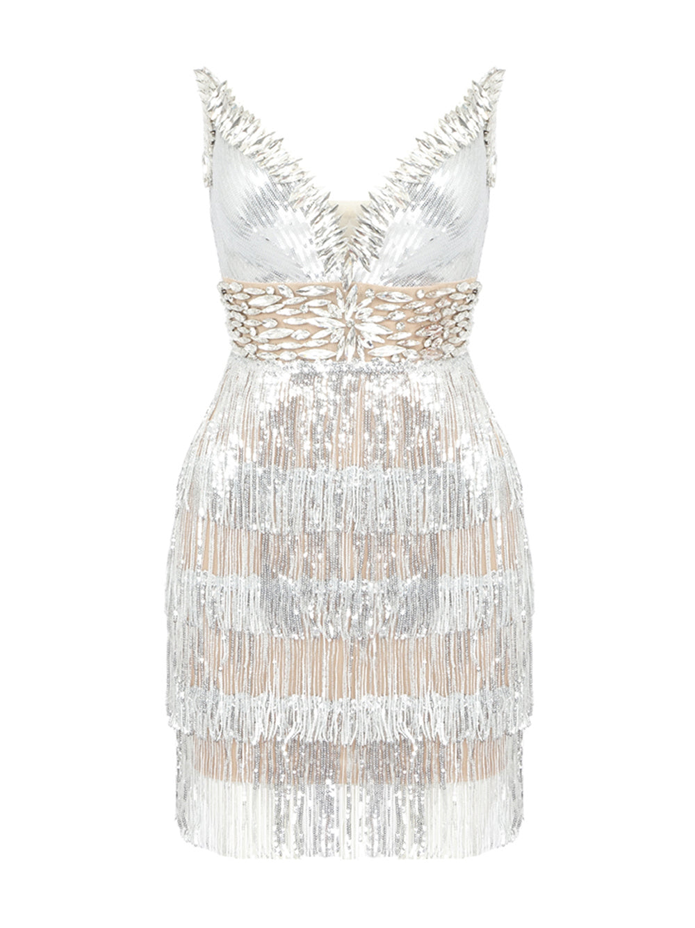 Sequin V-Neck Crystal Tiered Fringe Mini Dress