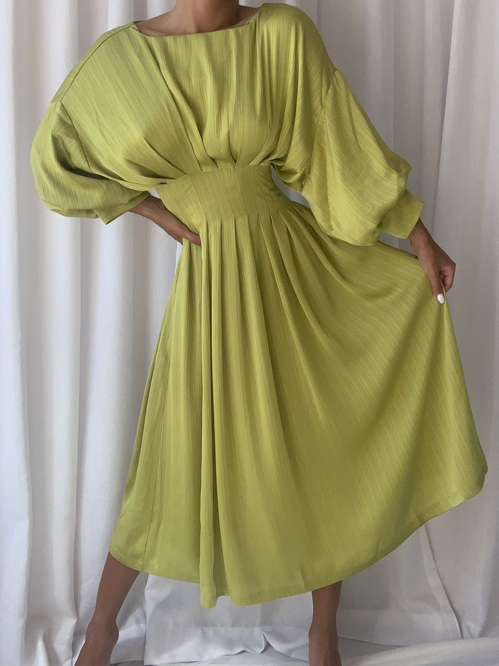Boat Neck Long Sleeve Pleated A-Line Midi Dress 3