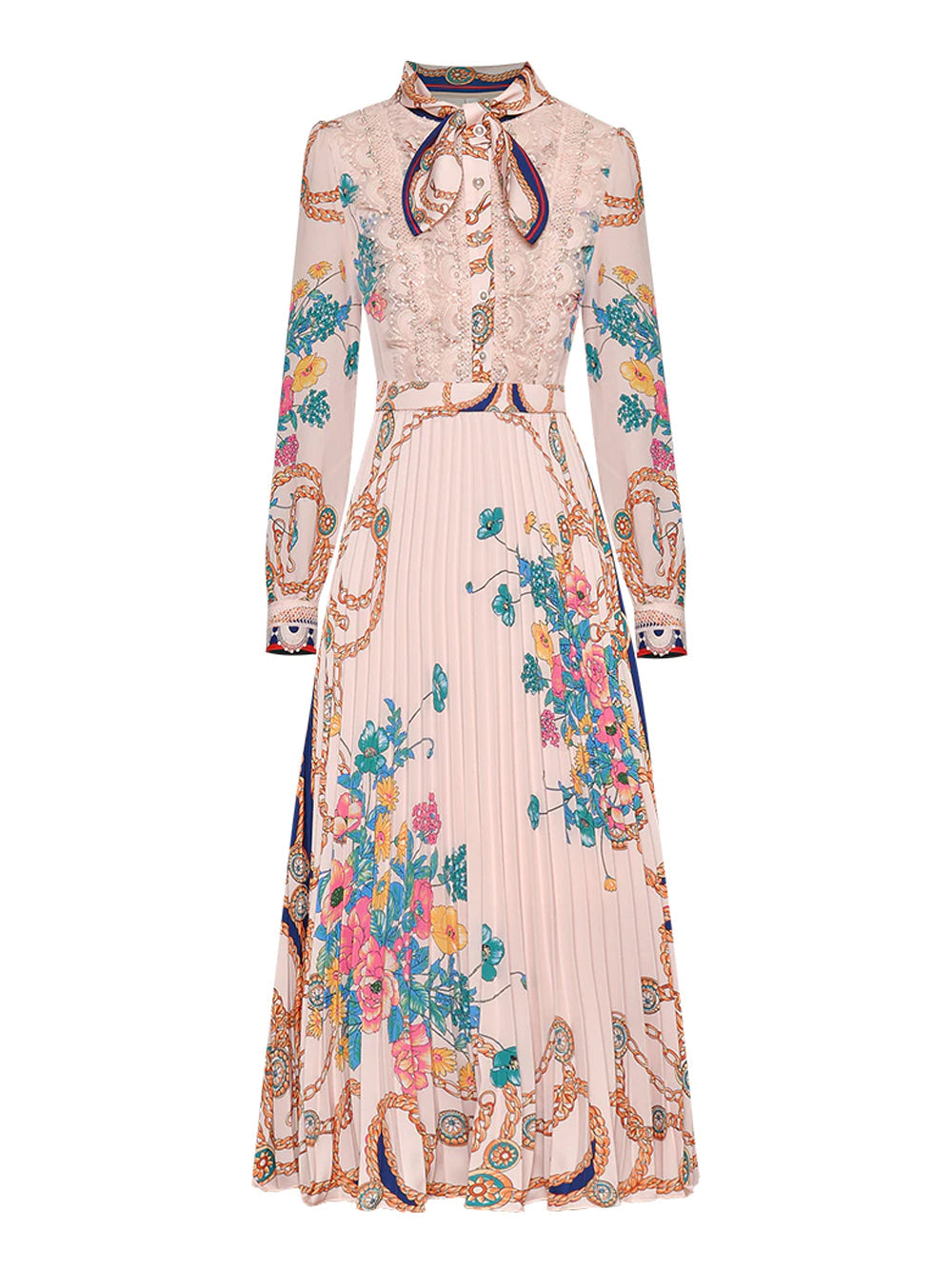 Floral Chain Print Pussy-Bow Collar Long Sleeve Pleated Midi Dress 9