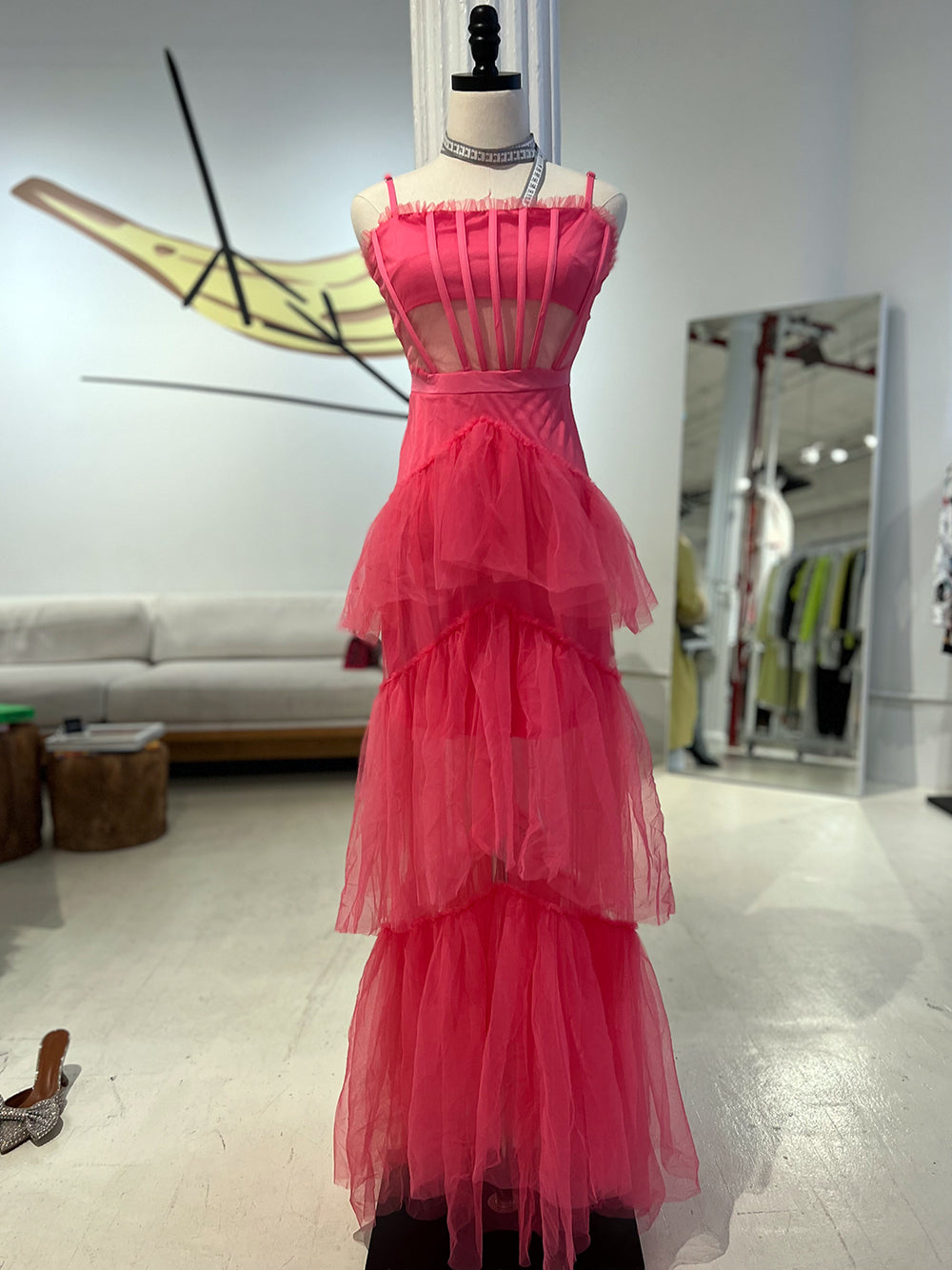 Spaghetti Strap Square Neck Corset Tiered Ruffle Tulle Maxi Gown - View 6